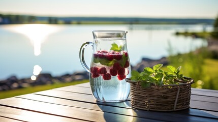  a pitcher of water with raspberries and mints in it.  generative ai