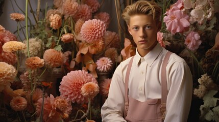 Canvas Print - Handsome young americans 90s cute teenagers. boys futuristic models, men's fashion, pink pastel, 17-year-old boys in the Garden of Eden with pink flowers, , photoshoot, cinematic. Generative Ai