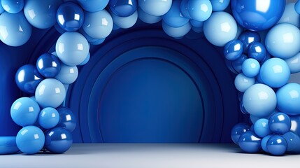Wall Mural - Generative AI, arch of blue balloons. Birthday party for boy 3d background, shower. Mockup, template for greetiing card.