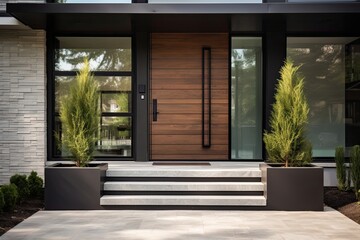 Poster - The front entrance door of a contemporary home displays an interior staircase and porch.