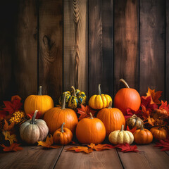 Wall Mural - Halloween background.pumpkins and fallen leaves on wooden background. Scary halloween pumpkin