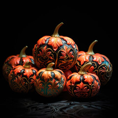 Wall Mural - Halloween background.pumpkins and fallen leaves on wooden background. Scary halloween pumpkin