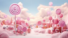  A Digital Painting Of Pink Candy Land With Giant Lollipops.  Generative Ai