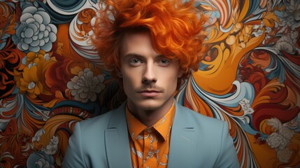 Poster - a man, a guy, a model with orange hair posing against a colored background, in the style of detailed attention to the costume and fashion. Generative Ai
