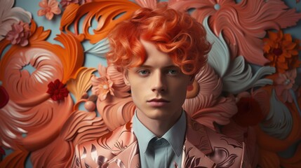 Canvas Print - a man, a guy, a model with orange hair posing against a colored background, in the style of detailed attention to the costume and fashion. Generative Ai
