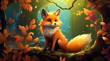  A Red Fox Sitting On A Tree Branch In A Forest.  Generative Ai