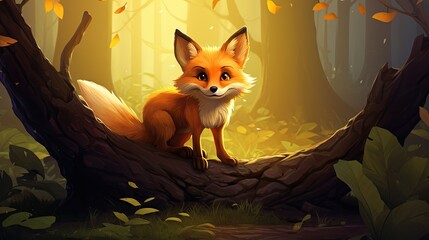 Poster -  a red fox sitting on a tree branch in a forest.  generative ai