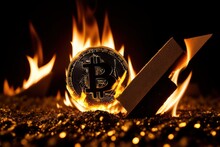 Bitcoin Metal Coin Is Burning With Flame. Hot Price Or Value And High Exchange Rate Of Crypto Currency On Market. It Is Crisis And Fall To Lose Investments Due To Financial Risk. Money Falls On Ground