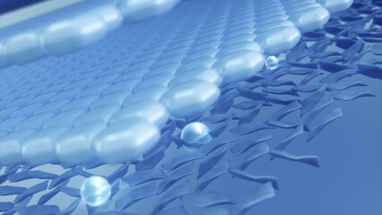 Poster - 3D Animation Hexagonal blue skin layer and reduce sagging skin cells. Reduce the wrinkling of the skin cell by serum through the complexion layer. deep skin structure micro-whitening.