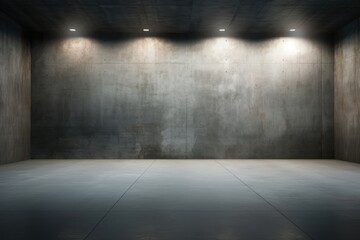 Wall Mural - Abstract empty, modern concrete room with soft overhead lighting and a rugged cement floor. This industrial interior serves as a versatile background template, depicted in a .