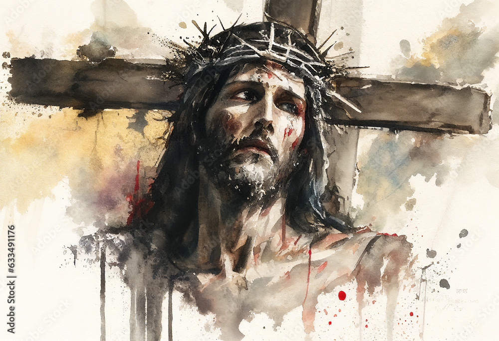 Watercolour painting of the Crucifixion of Jesus Christ on the crucifix ...