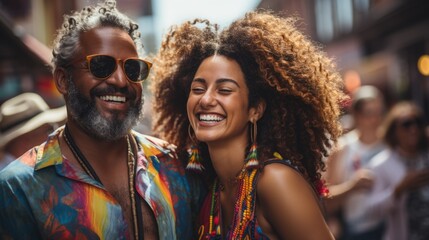 Poster - Close-up of a happy couple smiling at the parade. Generative Ai