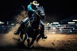 © gankevstock - Cowboy on a horse in a rodeo at night .Generative AI