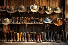 Wooden Shelf With Cowboy Hats And Boots .Generative AI