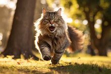 Happy Longhair Tabby Cat Running In Park.