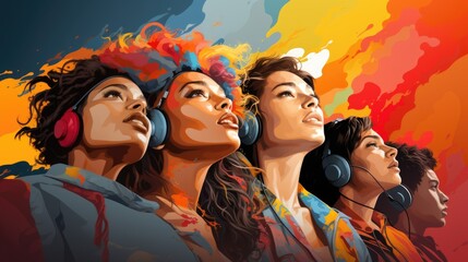 Poster - a colorful illustration of woman faces, in the style of harmonious composition, vibrant, colorful. lgbt. Generative Ai