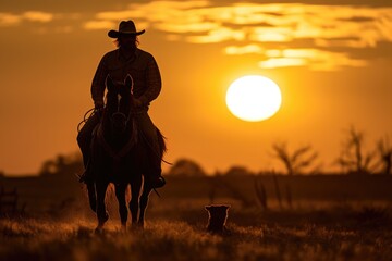 Cowboy on a horse during a sunset with a dog .Generative AI