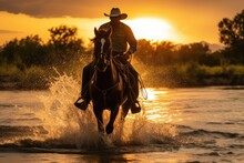 A Cowboy On A Horse Galloping Through A River At Sunset .Generative AI
