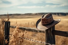A Brown Cowboy Hat Hanging On A Wooden Fence Post In A Rural Landscape. Generative AI