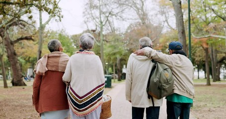 Poster - Nature, group and senior friends walking in an outdoor park for fresh air, exercise and bonding. Love, friendship and back of elderly people in retirement having fun and exploring a garden together.