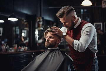 A barber trimming a customer's hair.