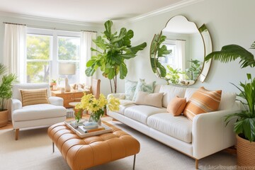 Sticker - The living room is bright and inviting, featuring a comfortable sofa and adorned with lush houseplants. A mirror hangs on the lightcolored wall, adding to the rooms charm.