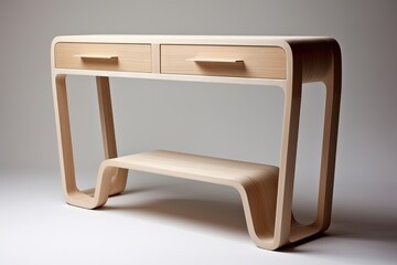 A modern minimalistic light wooden console table with white background.