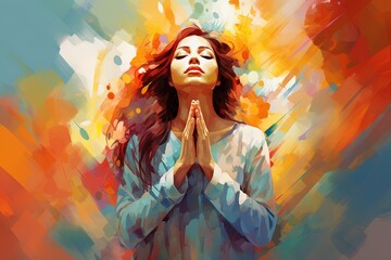 Wall Mural - Colorful painting art of a woman praying and worshiping.