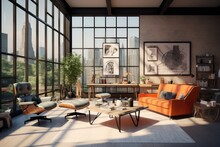 A Rendering Of A Midcentury Modern Style Loft Showcases A Mockup Frame Within A Home Office Interior Background.