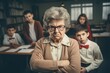 Portrait of angry old teacher in a class at elementary school.
