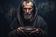 Portrait of homeless man hold soup in hands.
