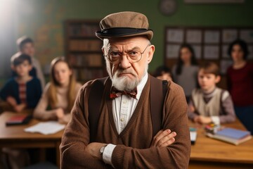 Portrait of angry old teacher in a class at elementary school.