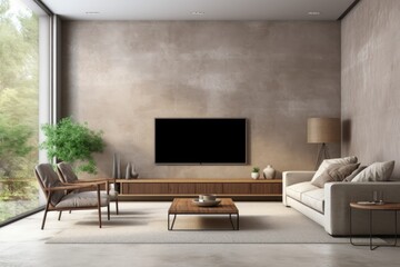 Canvas Print - Mockup Of TV room with a loftstyle interior design, showcasing a concrete wall. The rendering is done in to provide a realistic representation.