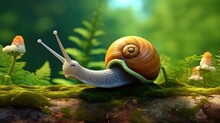  A Snail With A Green Shell Crawling On A Mossy Surface.  Generative Ai