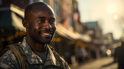 Wall Mural - Portrait of black man american soldier smiling while standing on the street of small town. U.S. military veteran coming home after military service.