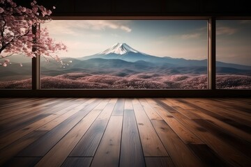 Wall Mural - wooden floor with Fuji mountain and cherry blossoms, AI
