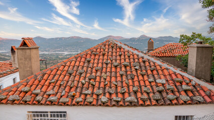 Wall Mural - cute tiled roof of a village house with mountain ranges in the background