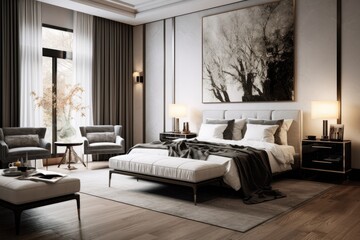 Wall Mural - A room with an elegant and fashionable interior design featuring a spacious and cozy bed.