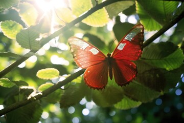 Wall Mural - sunlight filtering through leaves onto emerging butterfly