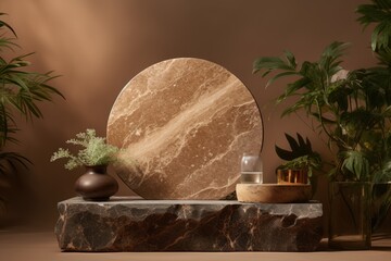 Poster - A natural stone podium is used to showcase beauty and spa cosmetic products. It is placed on a brown background wall with the shadow of a plant. The podium is made of luxurious granite material and