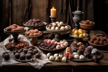 Canvas Print - pralines displayed on a rustic wooden table