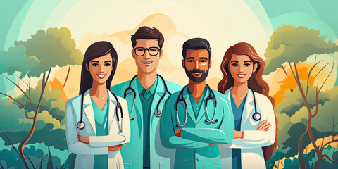 A flat design team doctor working at a hotpital, with flat-style illustrations,generative ai