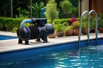 filter pump system in action beside swimming pool