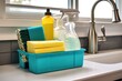 close up of cleaning supplies in a bathroom caddy