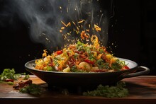 flipping stir-fry ingredients mid-air in wok