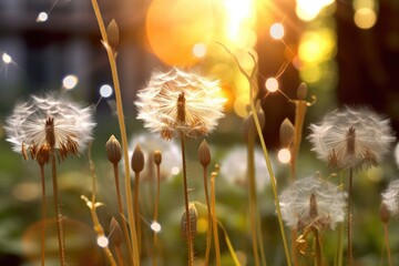 Poster - dandelion seeds floating in sunlight with soft focus