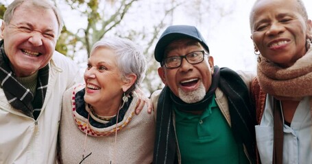 Wall Mural - Happy, group and portrait of senior friends outdoor in a park together for bonding, celebration or game in retirement. Laughing, face and funny elderly team with smile in garden for fun activity