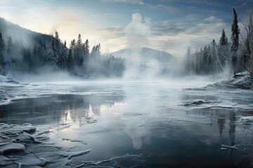 Wall Mural - frozen lake with steam rising above the surface