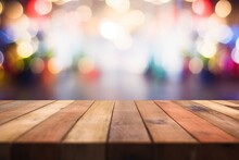 Festive Blurred Background With Bokeh And Empty Wooden Table In The Foreground