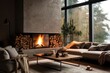 © The 2R Artificiality - A fireplace with a fire at home creates a cozy atmosphere in a comfortable living room. The fireplace features a metal fireside topped with log wood, enclosed behind a glass door. This modern interior